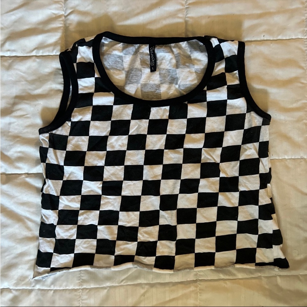 black and white checkered sleeveless cropped top
